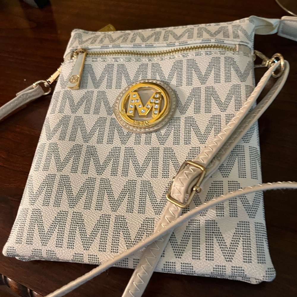 MKF Gaia Milan M Signature Crossbody by Mia K White and Goldtone Crossbody Bag